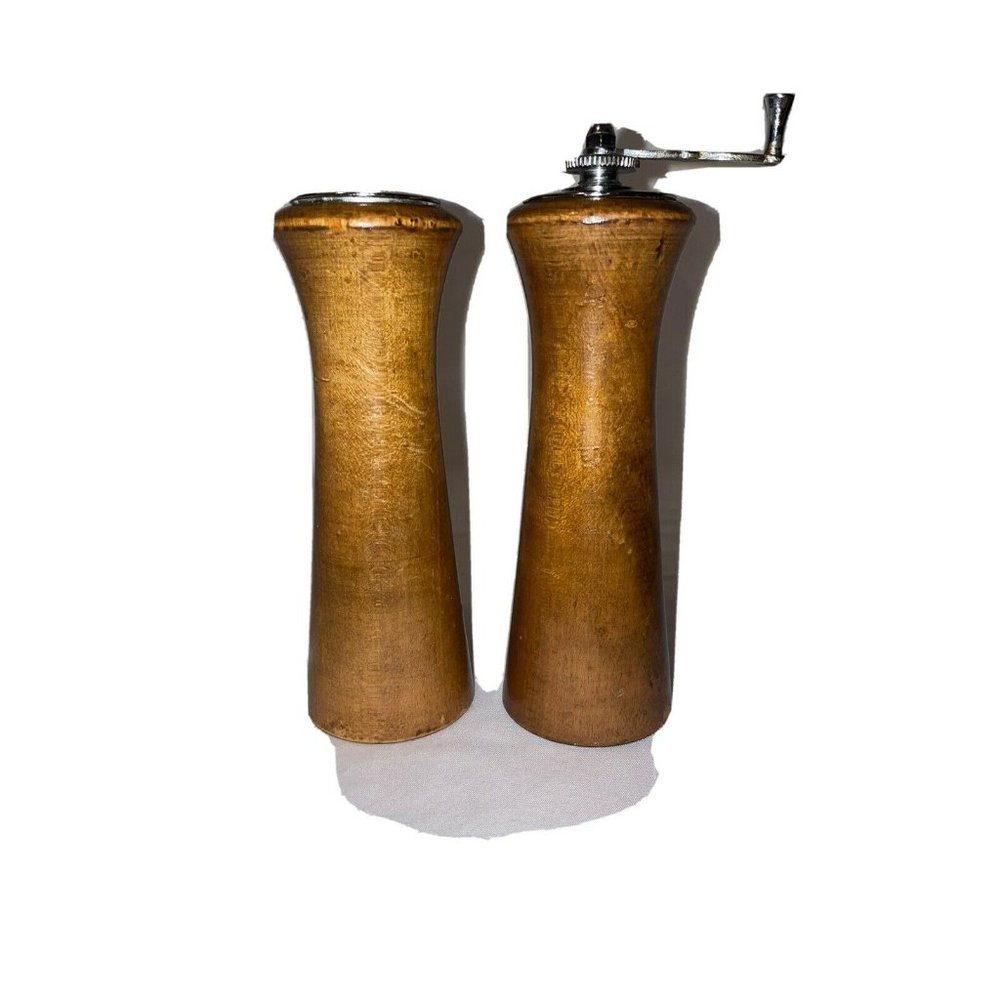 Vintage BEL AIRE Wood and Chrome MCM Salt Shaker & Pepper Grinder Mill Set